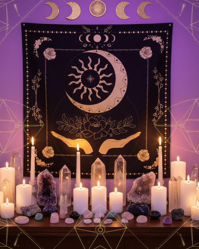 Sacred Tarot Tablecloth - Mandala & Moon Phase Divination Cloth