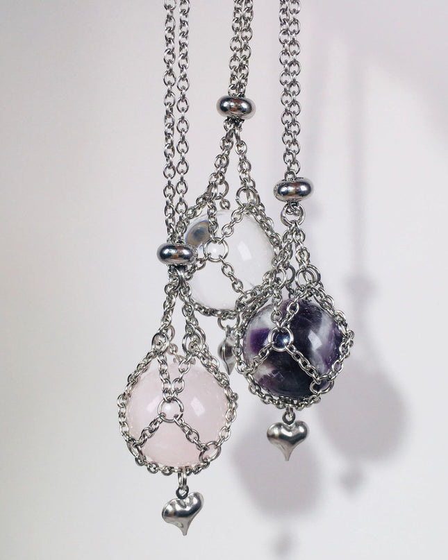 Natural Crystal Heart Cage Pendant - Choose Your Healing Stone Necklace