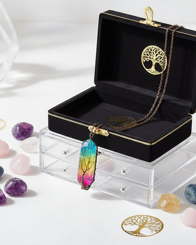 Tree of Life Wire-Wrapped Crystal Pendant - Chakra Stone Necklace