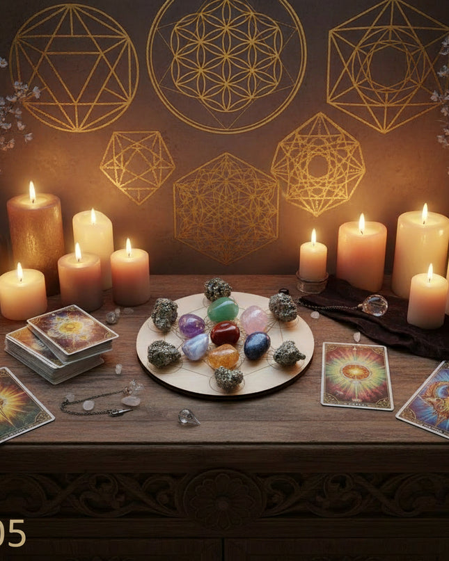 Seven Star Crystal Grid Board - Sacred Geometry Meditation Plate with Stones
