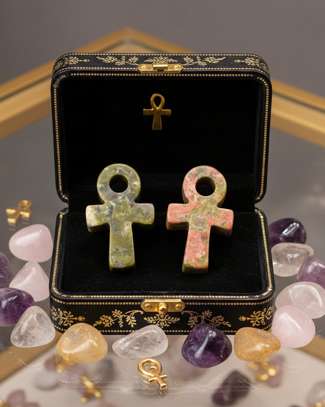 Crystal Agate Ankh Pendant - Egyptian Key of Life Symbol Necklace