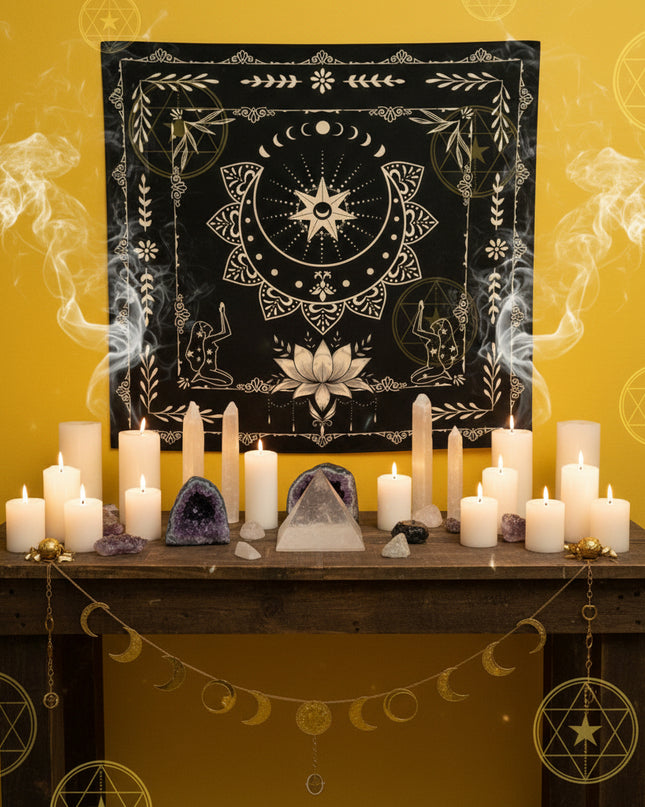 Sacred Tarot Tablecloth - Mandala & Moon Phase Divination Cloth