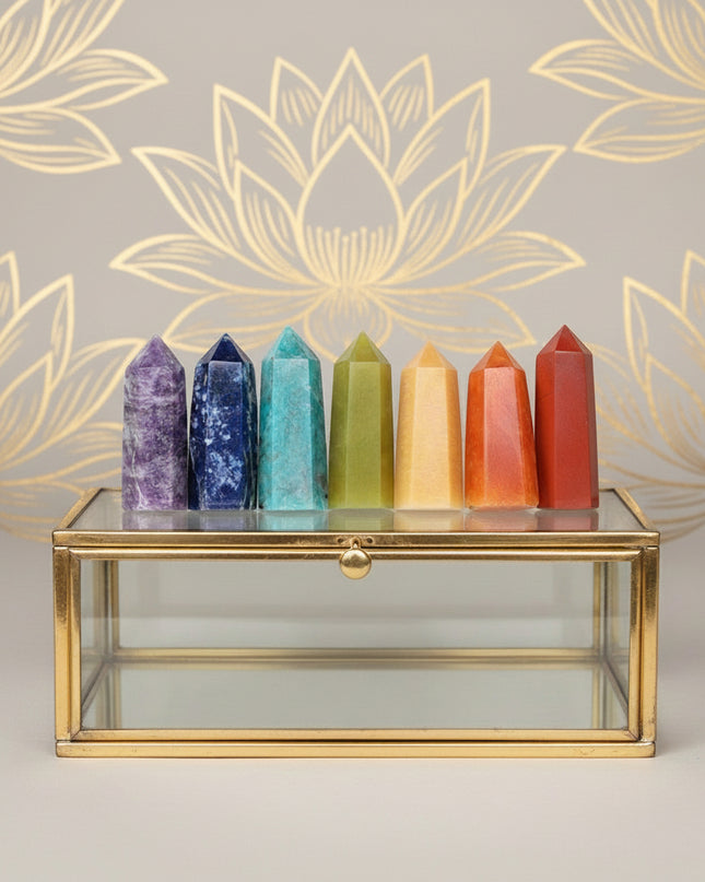 Seven Chakra Crystal Set - Natural Hexagonal Prism Stones in Gift Box