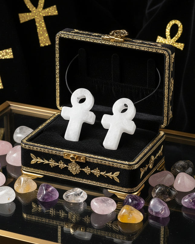 Crystal Agate Ankh Pendant - Egyptian Key of Life Symbol Necklace