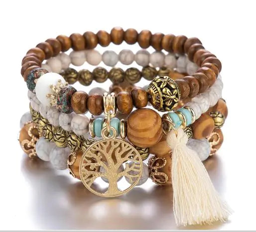 Wood Beaded Tree of Life Pendant Bracelet