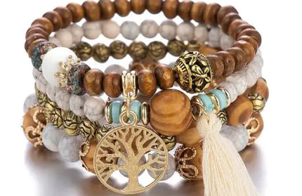 Wood Beaded Tree of Life Pendant Bracelet