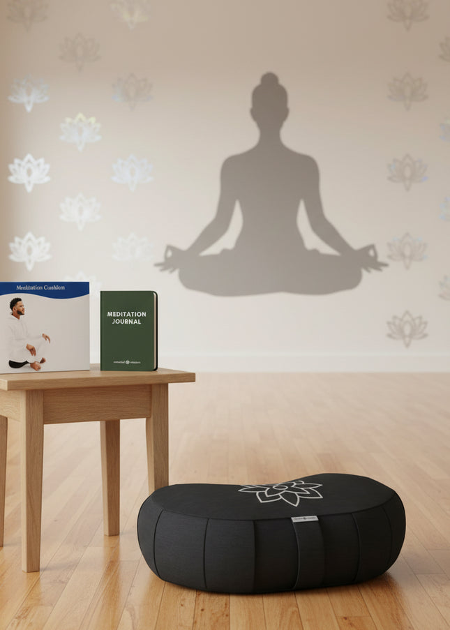 Yoga Bolster Meditation Floor Pillow Seat | Buckwheat Hull Filled Crescent Shaped Large Meditation Cushion with Removable Washable Cover + Carry Handle (Minimal Black)