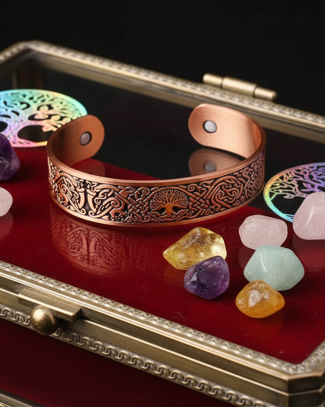 Pure Copper Bracelet with Tree of Life Pattern - Adjustable Magnetic Design