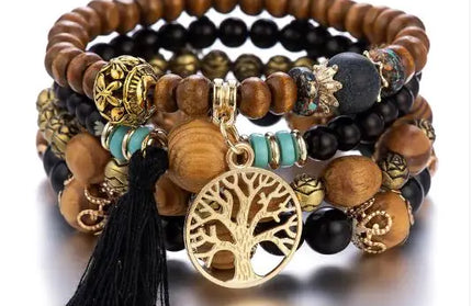 Wood Beaded Tree of Life Pendant Bracelet