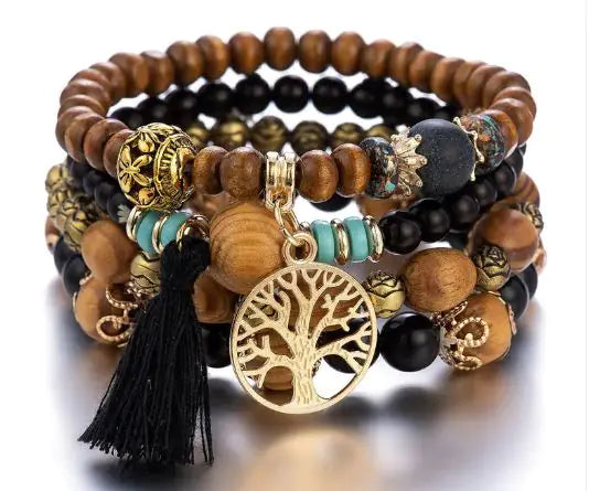 Wood Beaded Tree of Life Pendant Bracelet