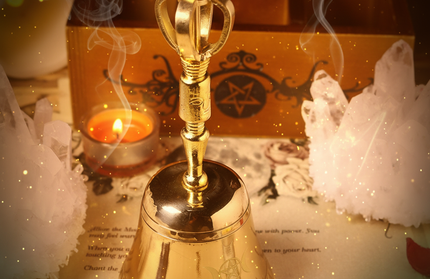 Triple Moon Pentagram Brass Ceremonial Bell - altar scene with pentagram box