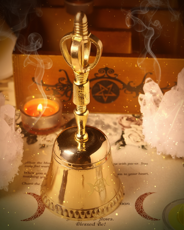 Triple Moon Pentagram Brass Ceremonial Bell - altar scene with pentagram box