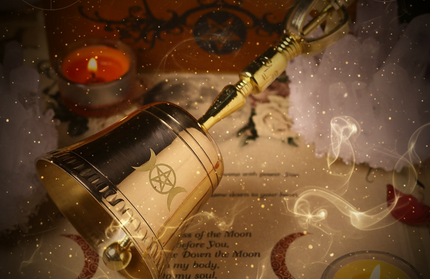 Triple Moon Pentagram Brass Ceremonial Bell - altar setup