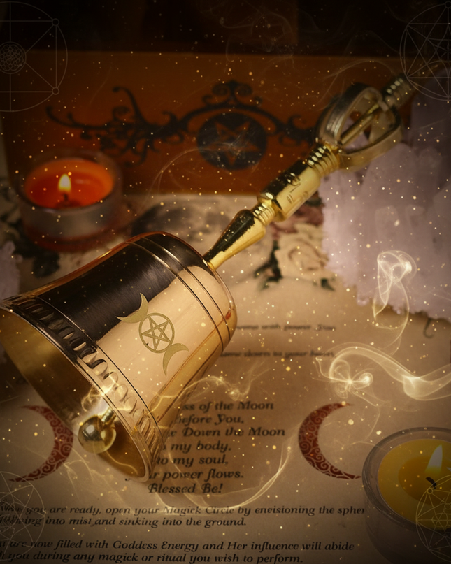 Triple Moon Pentagram Brass Ceremonial Bell - altar setup