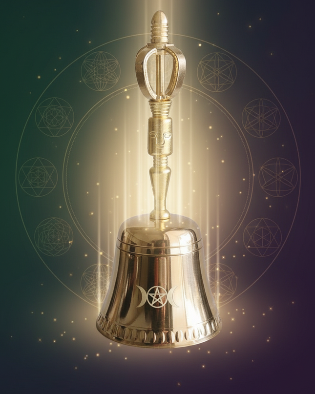 Triple Moon Pentagram Brass Ceremonial Bell - full view
