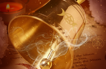 Triple Moon Pentagram Brass Ceremonial Bell - interior view on altar