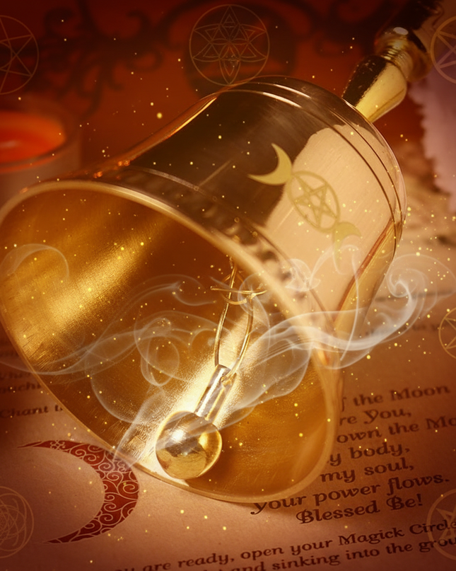 Triple Moon Pentagram Brass Ceremonial Bell - interior view on altar